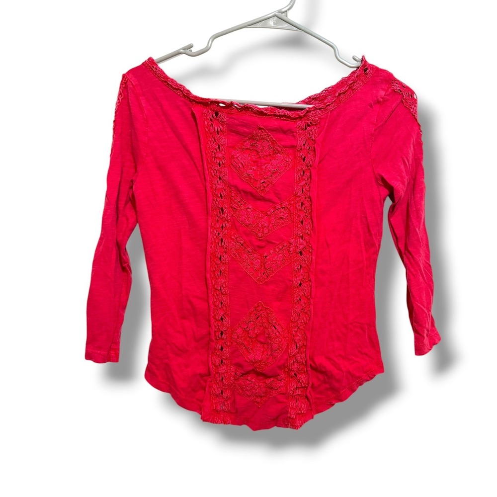 Free People Top Womens XS Red Crochet Lace 3/4 Sleeve Cotton Boho Blouse